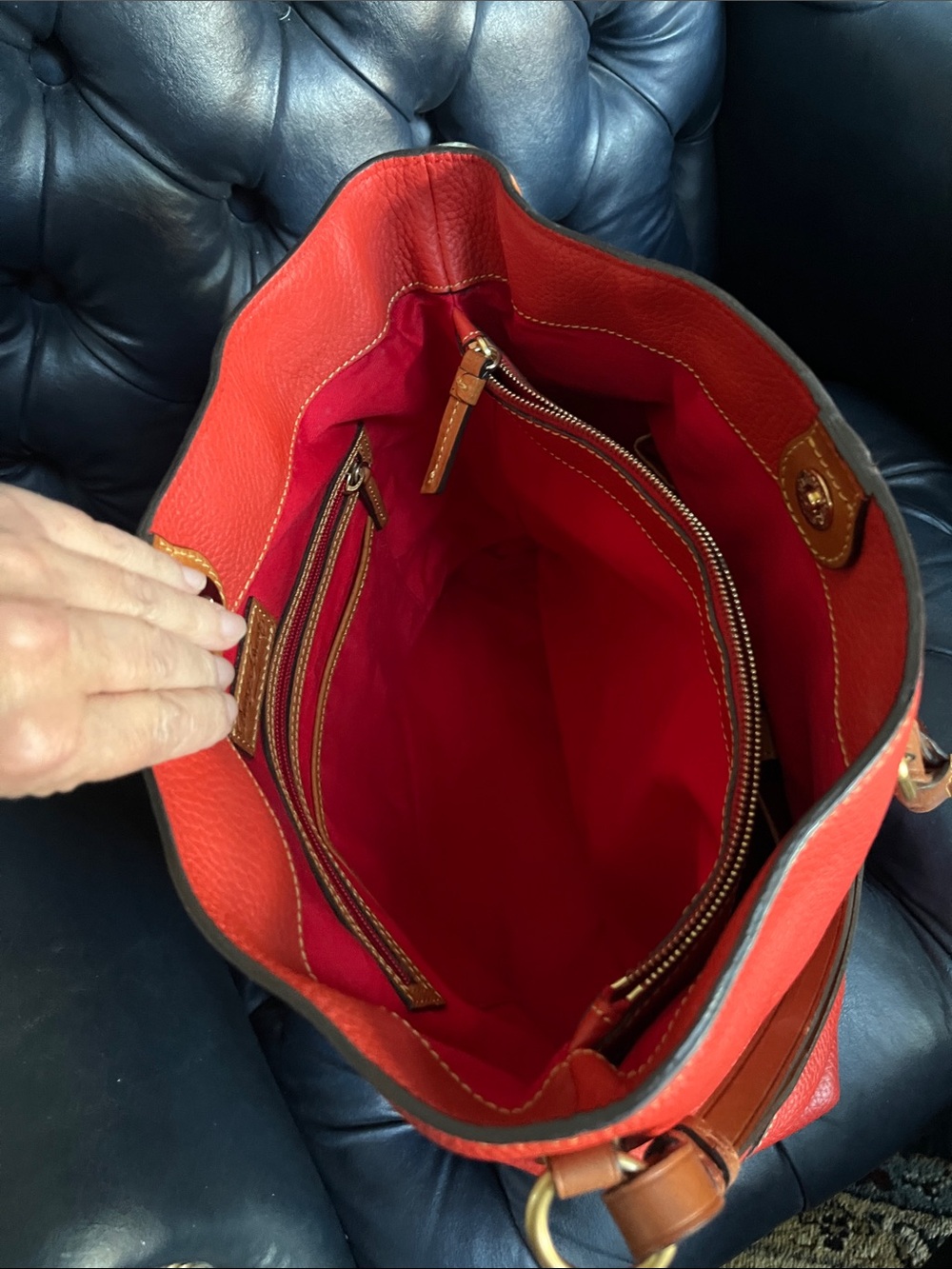 Dooney & Bourke Red Pebbled Leather Satchel with Brown Trim - Picture 8 of 12
